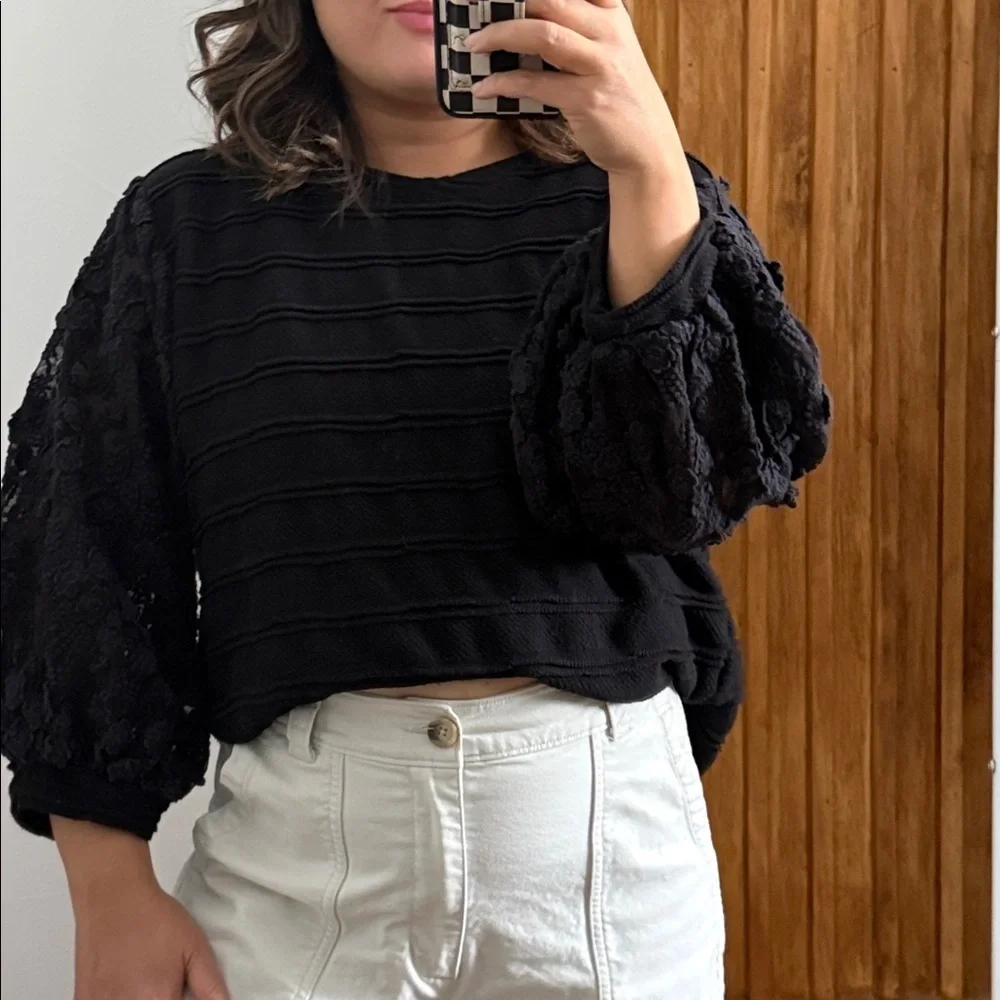 Anthropologie Eri + Ali Floral Lace Sheer Puff Sleeve Chelsea Black Blouse. L